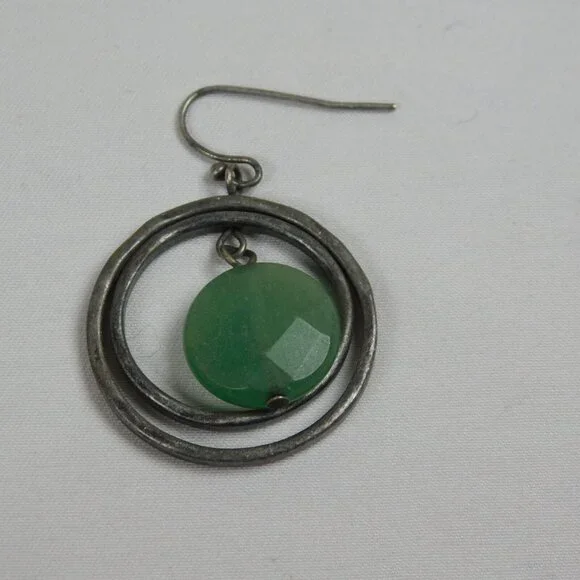 Silver Tone Double Ring Green Bead Dangle Fashion Earrings 1" Diameter Round - Picture 4 of 9